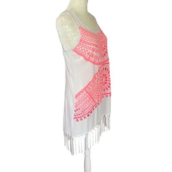 Solitaire Swim women's small pink and white racerback fringed swimsuit cover-up - Picture 4 of 12